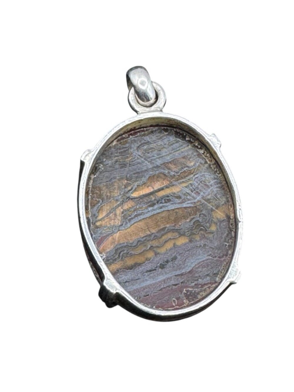 Tiger Iron Sterling Silver Pendant Polished Oval Gemstone Natural Layered Bands - Picture 6 of 16